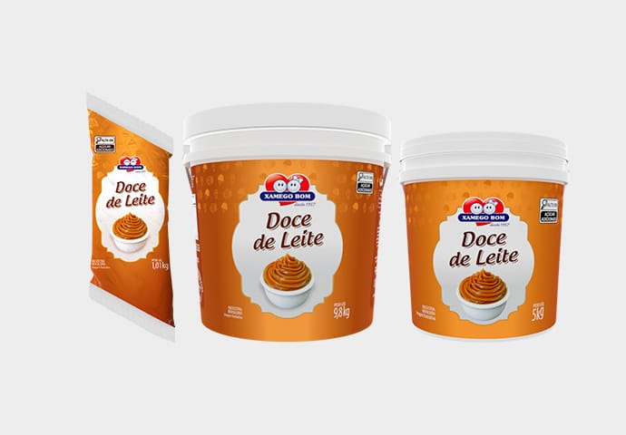 Doce de leite Xamego Bom balde 9,8kg, balde 5kg e bisnaga 1,01kg