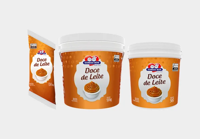 Doce de leite Xamego Bom balde 9,8kg, balde 5kg e bisnaga 1,01kg